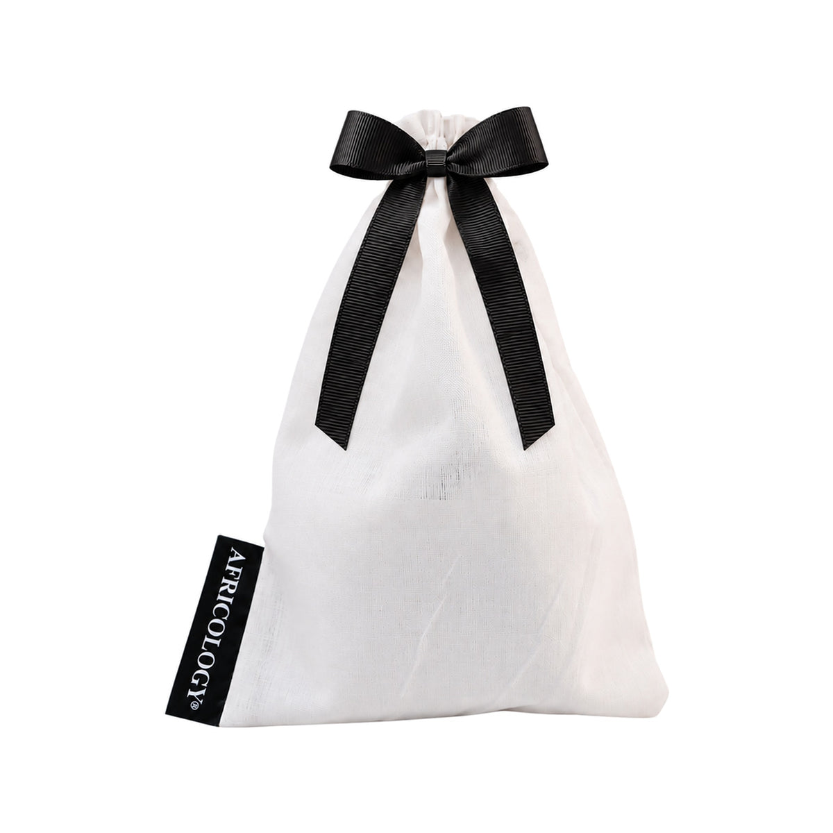 Africology white linen drawstring bag tied with a black ribbon bow