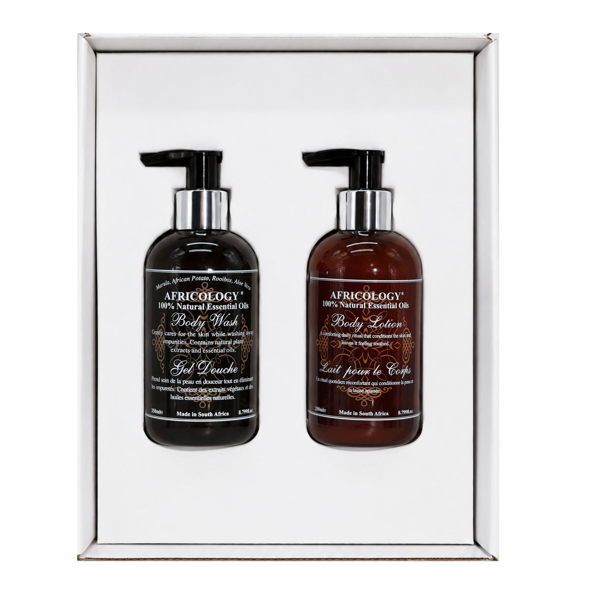Open Africology gift box with two 250ml pump bottles held upright in the insert