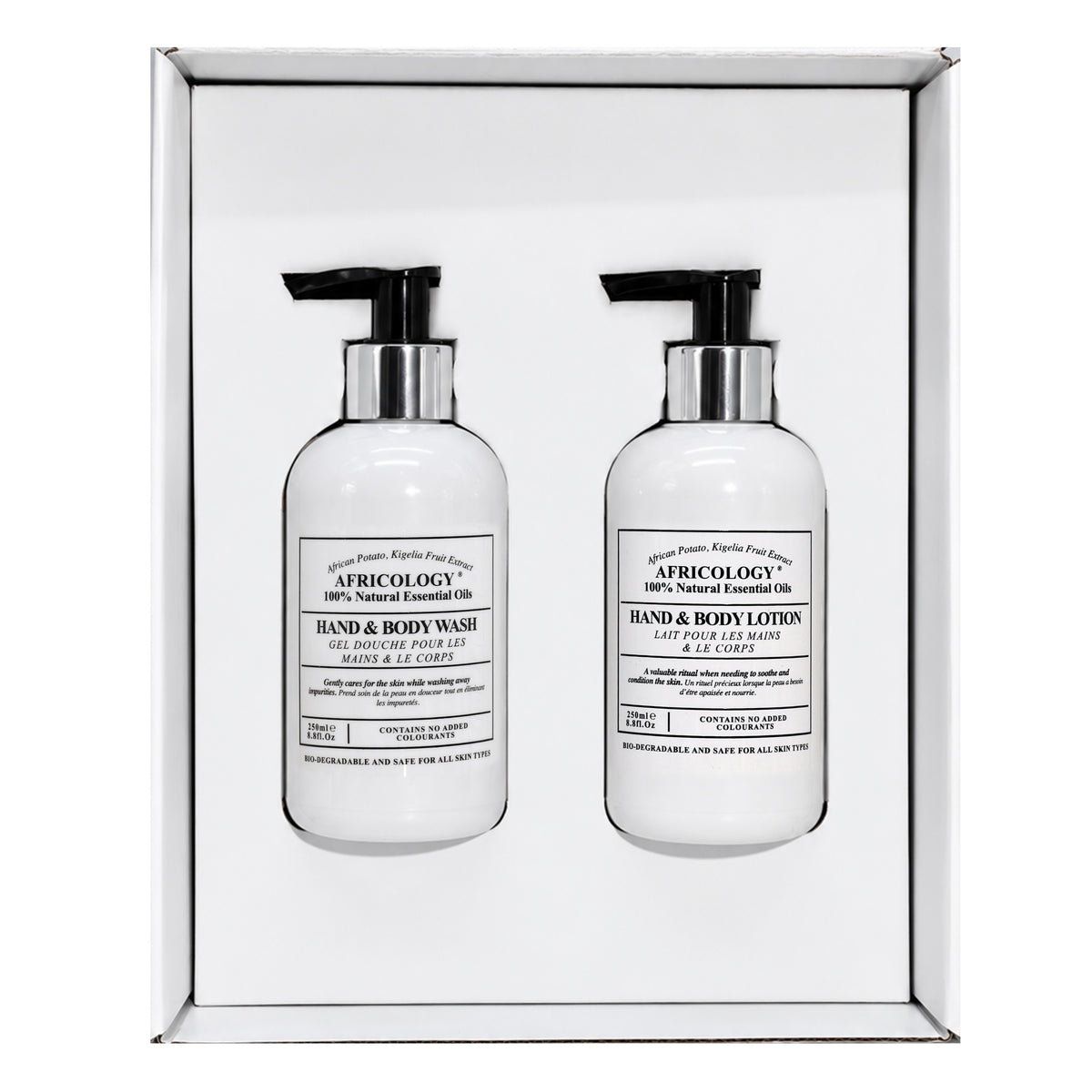 Open Africology gift box with the Bio Therapy Wash and Lotion held upright in the insert