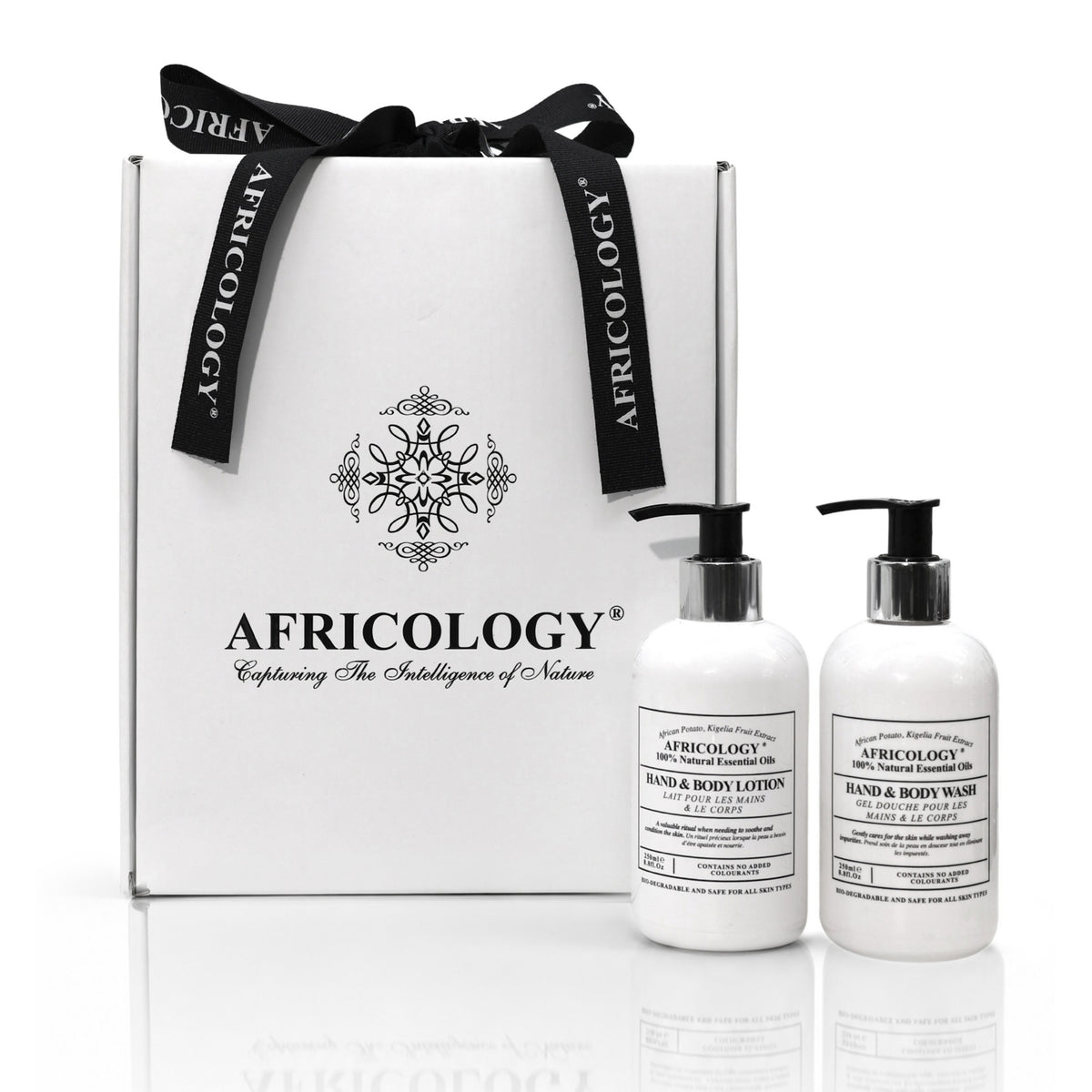 Africology Bio Therapy Hand and Body Wash and Lotion beside the bespoke white and black Africology gift box with ribbon