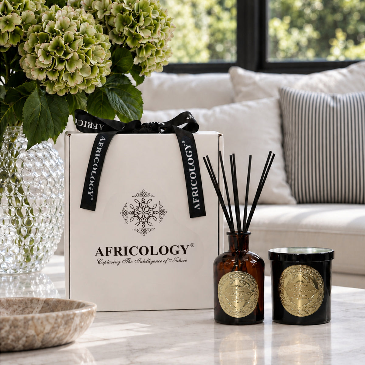 Africology reed diffuser, candle and white gift box styled on a marble coffee table in a bright lounge