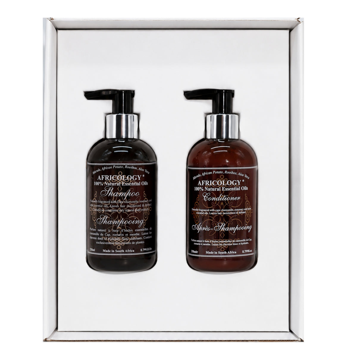 Open Africology gift box with the Shampoo and Conditioner held upright in the insert
